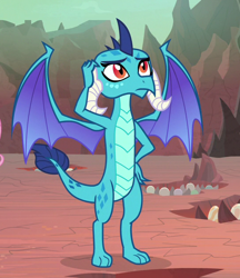 Size: 544x630 | Tagged: safe, screencap, princess ember, dragon, sweet and smoky, claws, cropped, dragon egg, dragon lands, dragoness, egg, female, head scratch, horns, solo, spread wings, tail, toes, wings