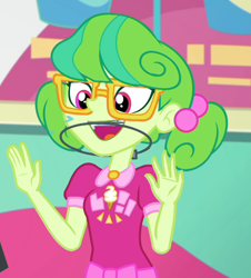 Size: 976x1080 | Tagged: safe, screencap, stella sprinkles, better together, choose your own ending, equestria girls, tip toppings, adorkable, braces, cashier, cropped, cute, dork, female, glasses, happy, open mouth, orthodontic headgear, smiling, spittle