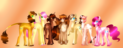 Size: 6149x2379 | Tagged: safe, artist:clay-bae, cheese sandwich, li'l cheese, pinkie pie, oc, oc:chocolate truffle, oc:fluffernutter sandwich, oc:funnel cake, oc:sakura teacake, pony, the last problem, alternate design, cheesepie, female, high res, male, offspring, older, parent:cheese sandwich, parent:pinkie pie, parents:cheesepie, shipping, straight