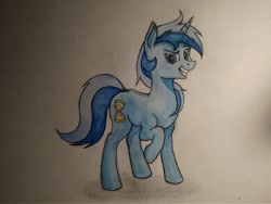 Size: 1280x960 | Tagged: safe, artist:borsch-zebrovich, minuette, pony, unicorn, cutie mark, female, grin, looking at you, mare, raised hoof, smiling, solo, traditional art, watercolor painting