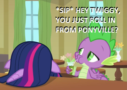 Size: 1013x719 | Tagged: safe, edit, edited screencap, screencap, spike, twilight sparkle, twilight sparkle (alicorn), alicorn, dragon, pony, the point of no return, big pink loser, cropped, dexterous hooves, dialogue, duo, facedesk, juice, juice box, musical instrument, parody, spongebob squarepants, trumpet, winged spike