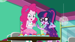 Size: 1280x720 | Tagged: safe, screencap, pinkie pie, sci-twi, twilight sparkle, better together, choose your own ending, equestria girls, tip toppings, tip toppings: twilight sparkle, adorkable, clothes, cute, diapinkes, dork, double helix, froyo, frozen yogurt, geode of sugar bombs, geode of telekinesis, glasses, magical geodes, notebook, ponytail, skirt, table, twiabetes