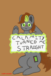 Size: 1000x1500 | Tagged: safe, artist:capslockgotstuck, derpibooru exclusive, oc, oc only, oc:littlepip, pony, unicorn, fallout equestria, blushing, fanfic, fanfic art, female, glowing horn, hetero littlepip, hooves, horn, levitation, magic, mare, piplamity, sign, solo, telekinesis, text