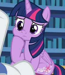 Size: 600x688 | Tagged: safe, derpibooru import, screencap, rarity, twilight sparkle, twilight sparkle (alicorn), alicorn, pony, unicorn, dragon dropped, cheek squish, cropped, cute, discovery family logo, hoof on cheek, library, squishy cheeks, twiabetes, twilight's castle, twilight's castle library