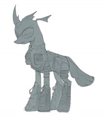 Size: 1259x1462 | Tagged: safe, artist:draw3, changeling, /mlp/, 4chan, armor, boots, clothes, combat armor, drawthread, harness, monochrome, pouch, pouches, shoes, solo, tack