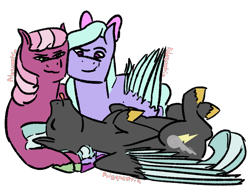 Size: 1063x827 | Tagged: safe, artist:lieutenantcactus, artist:polyquestria, cheerilee, flitter, thunderlane, pony, bisexual, flitterlane, on back, polyamory, tongue out