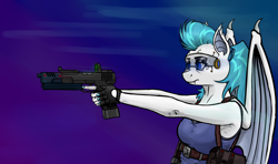 Size: 2200x1300 | Tagged: safe, artist:borsch-zebrovich, oc, oc only, anthro, bat pony, augmented, clothes, cyberpunk, female, futuristic, gun, handgun, holster, pistol, solo, trigger discipline, visor, weapon, wing claws