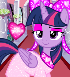 Size: 1000x1100 | Tagged: safe, artist:katya, artist:sketchmcreations, edit, editor:katya, twilight sparkle, twilight sparkle (alicorn), alicorn, pony, canterlot castle, clothes, dress, glow, heart, hearts and hooves day, holiday, solo, sparkles, valentine's day