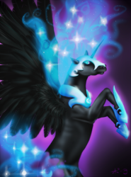 Size: 887x1200 | Tagged: safe, artist:jitterbugjive, nightmare moon, alicorn, pony, ethereal mane, female, mare, realistic horse legs, rearing, solo, spread wings, starry mane, wings