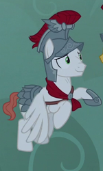 Size: 281x467 | Tagged: safe, screencap, albus, flash magnus, pegasus, pony, campfire tales, armor, cropped, flying, helmet, hoof shoes, male, offscreen character, smiling, solo, stallion, wings