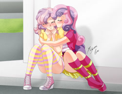 Size: 1280x990 | Tagged: safe, artist:shinta-girl, sweetie belle, oc, oc:golden sheen, human, equestria girls, boots, canon x oc, clothes, converse, couple, crossdressing, female, hug, humanized, kissing, male, midriff, schrödinger's pantsu, shoes, short shirt, skirt, straight, strategically covered, thighs, upskirt denied