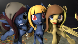 Size: 1920x1080 | Tagged: safe, artist:stormypwn, oc, oc:pietas lazuli, oc:skye chaser, oc:symphony, pegasus, sphinx, 3d, ankh, blue skin, brown hair, freckles, heterochromia, looking at you, pegasus oc, red eyes, smiley face, smiling, source filmmaker, sphinx oc, tongue out, wings, yellow hair