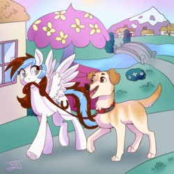 Size: 894x894 | Tagged: safe, artist:jitterbugjive, oc, oc only, dog, pegasus, pony, bridge, collar, female, glasses, golden retriever, house, mare, mountain, mouth hold, river, solo, spread wings, stream, tree, walking, wings