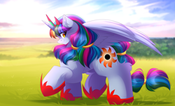 Size: 5555x3383 | Tagged: safe, artist:airiniblock, oc, oc only, alicorn, pony, alicorn oc, commission, cutie mark, female, grass, mare, scenery, smiling, solo