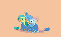 Size: 4171x2532 | Tagged: safe, artist:gd_inuk, gallus, ocellus, sandbar, changedling, changeling, griffon, crying, cute, diaocelles, disguise, disguised changeling, eyes closed, female, gallabetes, graceful, griffonized, high res, hug, male, open mouth, orange background, sandabetes, simple background, sitting, smiling, species swap, tears of joy, trio, wing hold, winghug
