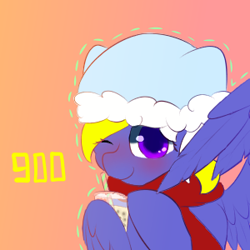 Size: 300x300 | Tagged: safe, artist:jerryenderby, oc, oc only, oc:enderby, pegasus, pony, 900 subs, blushing, clothes, drink, hat, looking at you, milk tea, scarf, simple background, solo