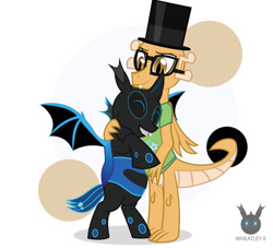 Size: 1385x1257 | Tagged: safe, artist:wheatley r.h., derpibooru exclusive, oc, oc only, oc:myoozik the dragon, oc:w. rhinestone eyes, changeling, dragon, bat wings, bipedal, blue changeling, changeling oc, clothes, cutie mark on clothes, happy, hat, honeypot ants, honeypot changeling, horn, hug, simple background, spread wings, top hat, vector, watermark, wings