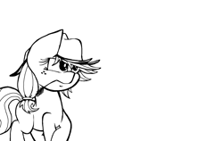 Size: 1708x1080 | Tagged: safe, artist:lucas_gaxiola, applejack, earth pony, pony, female, hat, lineart, mare, monochrome, raised hoof, simple background, solo, straw in mouth, white background