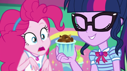 Size: 1920x1080 | Tagged: safe, screencap, pinkie pie, sci-twi, twilight sparkle, better together, choose your own ending, equestria girls, tip toppings, tip toppings: twilight sparkle, almonds, clothes, cup, drool, eyes closed, food, geode of sugar bombs, geode of telekinesis, glasses, intense stare, looking at something, magical geodes, nuts, open mouth, smiling, toppings, walnut, wide eyes
