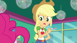 Size: 1280x720 | Tagged: safe, screencap, applejack, pinkie pie, better together, choose your own ending, equestria girls, tip toppings, tip toppings: applejack, applejack's hat, belt, candy, clothes, cowboy hat, denim skirt, female, food, freckles, geode of super strength, hat, magical geodes, offscreen character, skirt, spoon, stetson