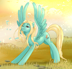 Size: 1900x1821 | Tagged: safe, artist:pencils, zephyr breeze, pegasus, pony, alternate hairstyle, girly, iwtcird, lidded eyes, loose hair, male, solo, spread wings, stallion, stretching, stupid sexy zephyr breeze, trap, wings