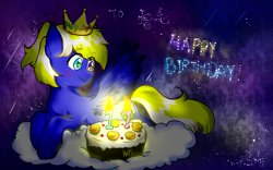 Size: 1920x1200 | Tagged: source needed, safe, artist:linlilolol, oc, oc:enderby, pegasus, pony, birthday, birthday cake, cake, crown, food, happy birthday, heterochromia, jewelry, pegasus oc, regalia