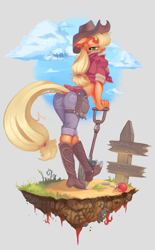 Size: 1440x2316 | Tagged: safe, artist:spaboofy, applejack, anthro, plantigrade anthro, apple, applerack, boots, breasts, cloud, cowboy boots, dirt cube, female, fence, food, front knot midriff, midriff, shoes, shovel, sky, solo