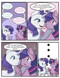 Size: 1024x1326 | Tagged: safe, artist:kingkero, derpibooru import, rarity, twilight sparkle, twilight sparkle (alicorn), alicorn, pony, unicorn, comic:couches problem, blushing, comic, female, lesbian, mare, rarilight, shipping