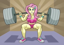 Size: 1280x896 | Tagged: safe, artist:art-2u, fluttershy, equestria girls, barbell, belly button, biceps, breasts, cleavage, clothes, deltoids, female, gritted teeth, gym clothes, hootershy, legs, looking at you, midriff, muscles, muscleshy, shoes, sneakers, solo, sports bra, sports panties, sports shorts, squatting, sweat, thighs, weight lifting