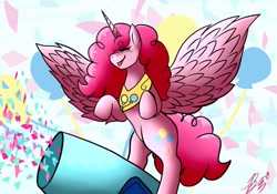 Size: 1024x717 | Tagged: safe, artist:evianix, part of a set, pinkie pie, alicorn, pony, alicornified, alternate hairstyle, big hair, cutie mark background, eyes closed, female, mare, party cannon, peytral, pinkiecorn, princess pinkie pie, race swap, rearing, smiling, solo, spread wings, tongue out, wings, xk-class end-of-the-world scenario