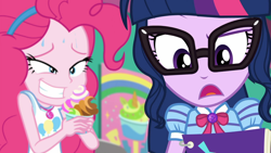 Size: 1912x1080 | Tagged: safe, screencap, pinkie pie, sci-twi, twilight sparkle, better together, choose your own ending, equestria girls, tip toppings, tip toppings: twilight sparkle, bowtie, clenched teeth, duo, duo female, eager, female, froyo, frozen yogurt, geode of sugar bombs, geode of telekinesis, glasses, gritted teeth, looking at something, magical geodes, notebook