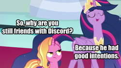 Size: 1280x720 | Tagged: safe, edit, edited screencap, screencap, discord, luster dawn, princess twilight 2.0, twilight sparkle, twilight sparkle (alicorn), alicorn, pony, unicorn, the ending of the end, the last problem, discord drama, exploitable meme, implied discord, luster dawn is not amused, meme, older, older twilight, twilight 2.0's reminiscences