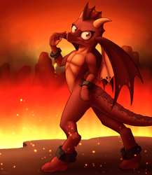 Size: 2600x3000 | Tagged: safe, artist:ohemo, dragon, broken chains, fire, lava, looking at you, shackles, smiling, solo, spread wings, wings