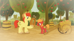 Size: 1920x1080 | Tagged: safe, screencap, big macintosh, bright mac, earth pony, pony, going to seed, apple, apple tree, big macintosh's yoke, cart, colt, colt big macintosh, duo, father and child, father and son, flashback, foal, food, like father like son, male, parent and child, stallion, tree, yoke, younger