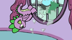 Size: 1815x1020 | Tagged: safe, artist:ljdamz1119, spike, dragon, broken glass, broken window, carousel boutique, curtains, glass, i'm a brick, jumping, male, meme, ponified meme, solo, the simpsons, window, winged spike