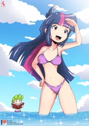 Size: 2894x4093 | Tagged: safe, artist:ryured, spike, twilight sparkle, human, adorasexy, armpits, belly button, bikini, blue hair, book, breasts, cleavage, clothes, cloud, cute, cutie mark, cutie mark on clothes, day, female, green hair, humanized, light skin, long hair, looking forward, male, multicolored hair, open mouth, outdoors, panties, patreon, patreon logo, pink hair, purple hair, purple underwear, remake, sexy, shipping, short hair, shorts, sky, smiling, straight, swimsuit, twiabetes, twispike, underwear, water