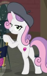 Size: 426x686 | Tagged: safe, screencap, sweetie belle, pony, unicorn, growing up is hard to do, being big is all it takes, butt, camera, cropped, female, hat, lidded eyes, looking at you, older, older sweetie belle, plot, solo