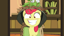 Size: 1920x1080 | Tagged: safe, screencap, apple bloom, earth pony, pony, going to seed, big grin, big smile, does this look like the face of mercy, faic, female, filly, foal, grin, helmet, saddle bag, slasher smile, smiling, snapple bloom, solo