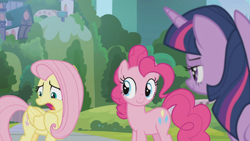 Size: 1366x768 | Tagged: safe, derpibooru import, screencap, fluttershy, pinkie pie, twilight sparkle, twilight sparkle (alicorn), alicorn, earth pony, pegasus, pony, 2 4 6 greaaat, nervous, outdoors, smiling