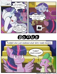 Size: 1024x1326 | Tagged: safe, artist:kingkero, derpibooru import, rarity, spike, twilight sparkle, twilight sparkle (alicorn), alicorn, dragon, pony, unicorn, comic:couches problem, blushing, comic, fainting couch, female, lesbian, rarilight, shipping, sofa, spread wings, twilight's castle, wingboner, winged spike, wings