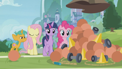 Size: 1366x768 | Tagged: safe, derpibooru import, screencap, fluttershy, pinkie pie, snails, twilight sparkle, twilight sparkle (alicorn), alicorn, earth pony, pegasus, pony, 2 4 6 greaaat, ball, cone, dumbbell (object), jump rope, medicine ball, outdoors, rope, school of friendship, traffic cone