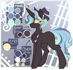 Size: 2230x2140 | Tagged: safe, artist:mcwolfity, oc, oc only, pony, unicorn, bowtie, ear piercing, eye clipping through hair, hat, horn, male, piercing, reference sheet, simple background, solo, stallion, text, transparent background, unicorn oc