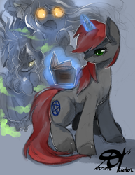 Size: 1275x1650 | Tagged: safe, artist:alts-art, oc, oc:ghost stories, ghost, pony, unicorn, book, magic, male, solo, stallion