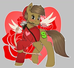 Size: 1200x1110 | Tagged: safe, artist:almond evergrow, oc, oc:almond evergrow, earth pony, pony, arrow, birthday, blushing, bow, bow (weapon), bow and arrow, clothes, cupid, flower, happy birthday, happy birthday to me, heart, holiday, hoodie, male, rose, stallion, valentine, valentine's day, weapon, wings