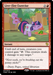 Size: 375x523 | Tagged: safe, edit, edited screencap, screencap, spike, twilight sparkle, twilight sparkle (alicorn), alicorn, dragon, pony, the point of no return, ccg, female, food, magic the gathering, male, mare, saddle bag, trading card, trading card edit, watermelon