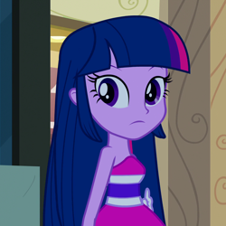 Size: 1080x1080 | Tagged: safe, screencap, twilight sparkle, twilight sparkle (alicorn), alicorn, equestria girls, equestria girls (movie), bare shoulders, clothes, cropped, dress, fall formal outfits, female, looking at you, sleeveless, solo, strapless, twilight ball dress