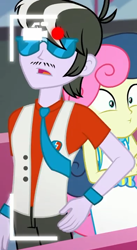 Size: 392x713 | Tagged: safe, screencap, bon bon, ringo, sweetie drops, better together, equestria girls, five lines you need to stand in, background human, bowtie, clothes, female, glasses, male