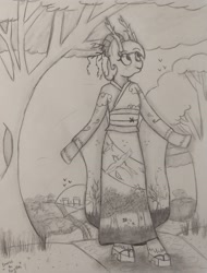 Size: 2527x3326 | Tagged: safe, artist:breeze the peryton, oc, oc:breeze the peryton, anthro, bird, deer, hybrid, original species, anthro oc, art, clothes, drawing, female, geta shoes, grass, japan, kimono (clothing), pencil drawing, photo, sunset, traditional art, tree