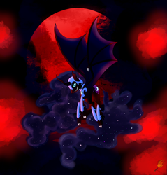 Size: 2204x2301 | Tagged: safe, artist:midnightfire1222, nightmare moon, alicorn, bat pony, bat pony alicorn, pony, blood moon, cloven hooves, ethereal mane, female, mare, moon, nightmare night, solo, spread wings, starry mane, wings