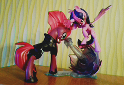 Size: 1280x879 | Tagged: safe, tempest shadow, twilight sparkle, twilight sparkle (alicorn), alicorn, pony, unicorn, chromatic aberration, fight, figure, magic, photo, toy